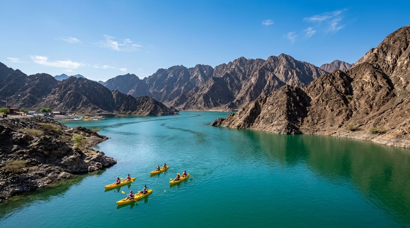 Turquoise Hatta Dam reservoir between the Hajar Mountains